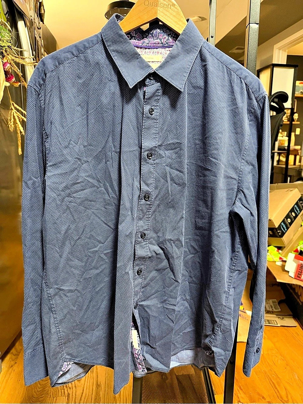 Construct Men's Polka Dot Button Down Blue XL work Shirt long sleeve